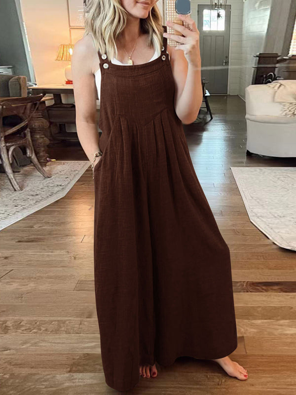 Women's Solid Color Wide Leg Linen Jumpsuit