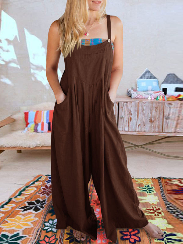 Women's Solid Color Wide Leg Linen Jumpsuit