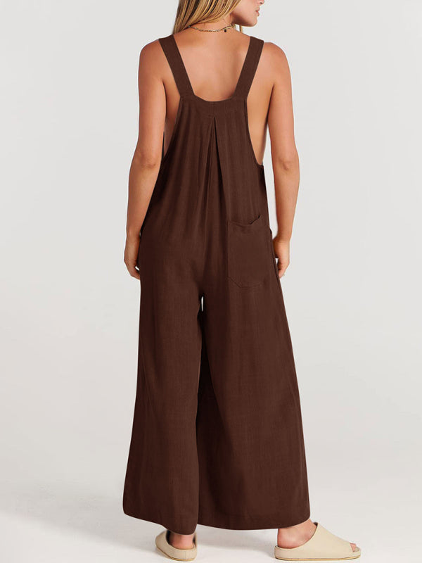 Women's Solid Color Wide Leg Linen Jumpsuit