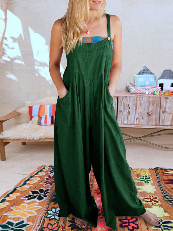 Women's Solid Color Wide Leg Linen Jumpsuit