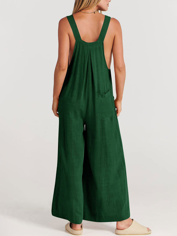 Women's Solid Color Wide Leg Linen Jumpsuit