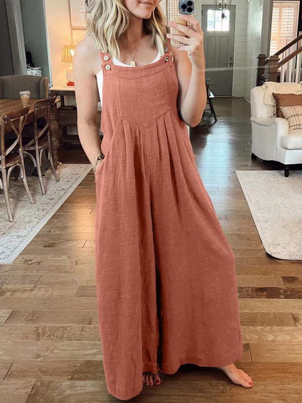 Women's Solid Color Wide Leg Linen Jumpsuit