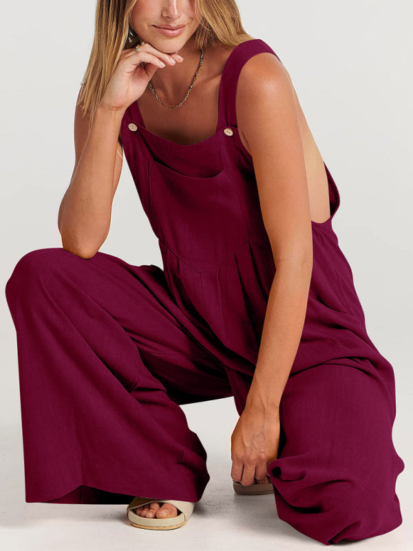 Women's Solid Color Wide Leg Linen Jumpsuit