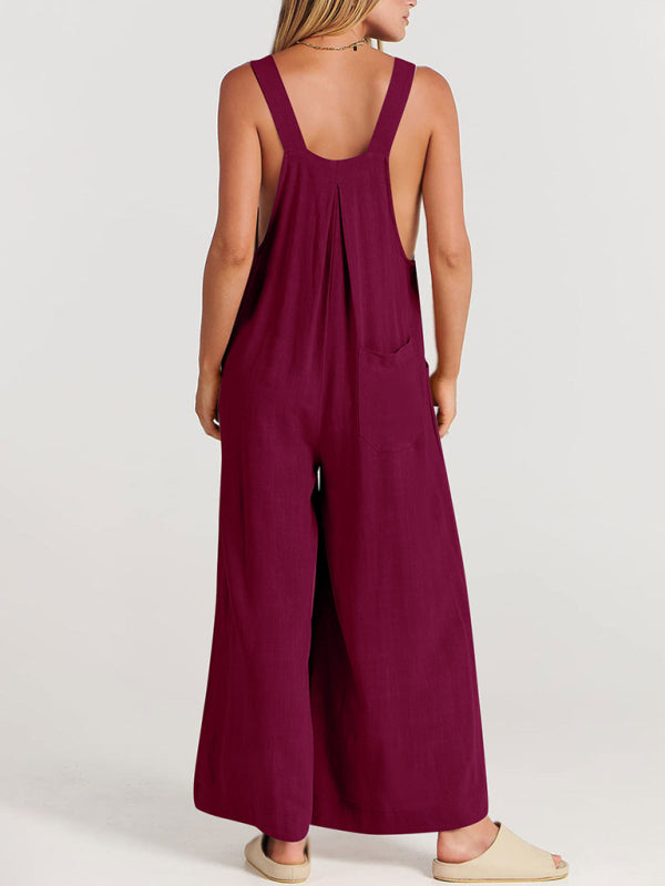 Women's Solid Color Wide Leg Linen Jumpsuit