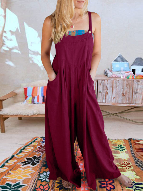 Women's Solid Color Wide Leg Linen Jumpsuit