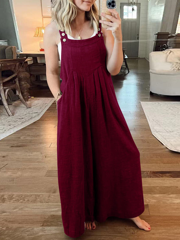 Women's Solid Color Wide Leg Linen Jumpsuit