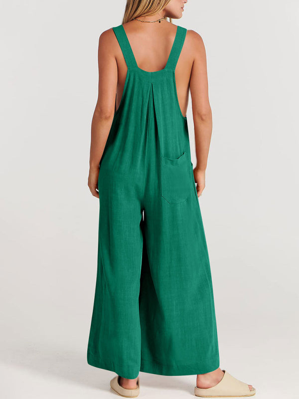 Women's Solid Color Wide Leg Linen Jumpsuit