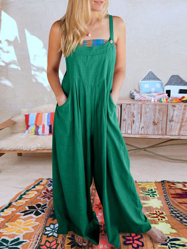 Women's Solid Color Wide Leg Linen Jumpsuit