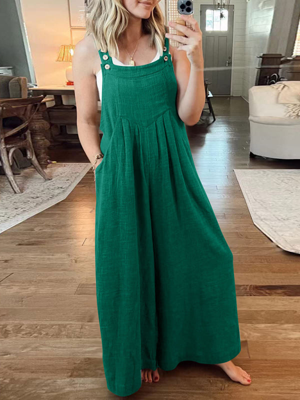 Women's Solid Color Wide Leg Linen Jumpsuit