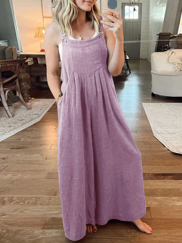 Women's Solid Color Wide Leg Linen Jumpsuit