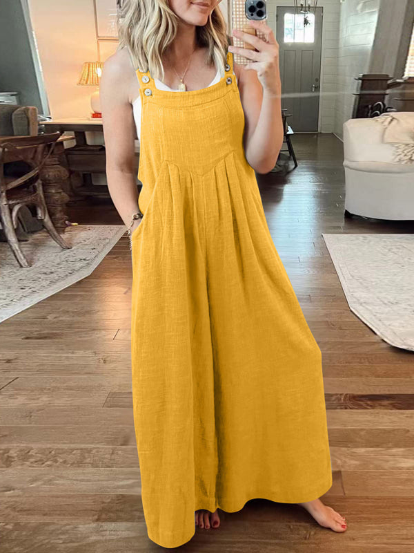 Women's Solid Color Wide Leg Linen Jumpsuit