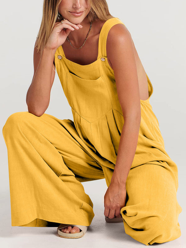 Women's Solid Color Wide Leg Linen Jumpsuit