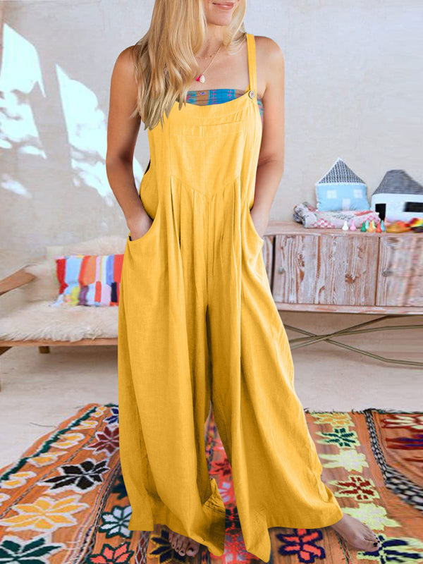 Women's Solid Color Wide Leg Linen Jumpsuit