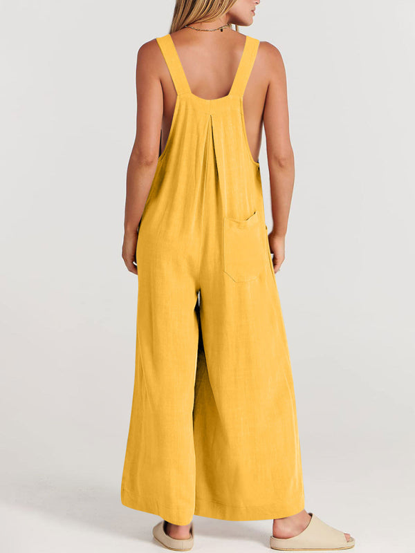 Women's Solid Color Wide Leg Linen Jumpsuit