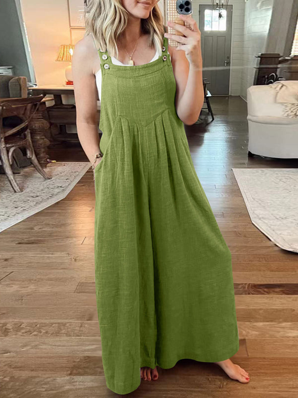 Women's Solid Color Wide Leg Linen Jumpsuit