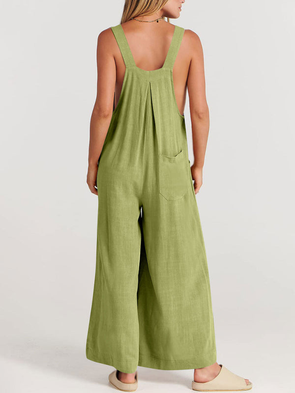 Women's Solid Color Wide Leg Linen Jumpsuit