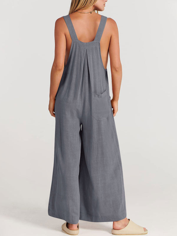 Women's Solid Color Wide Leg Linen Jumpsuit