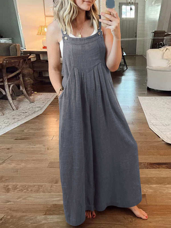 Women's Solid Color Wide Leg Linen Jumpsuit