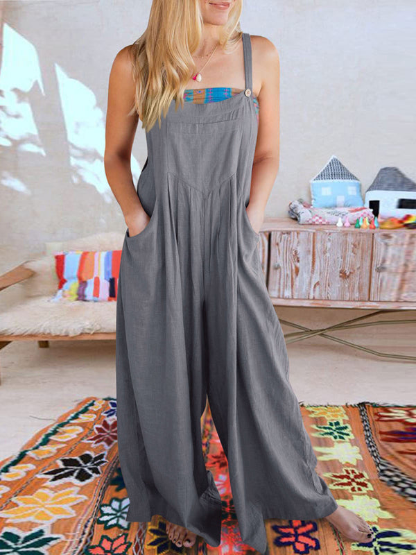 Women's Solid Color Wide Leg Linen Jumpsuit