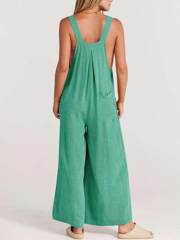 Women's Solid Color Wide Leg Linen Jumpsuit