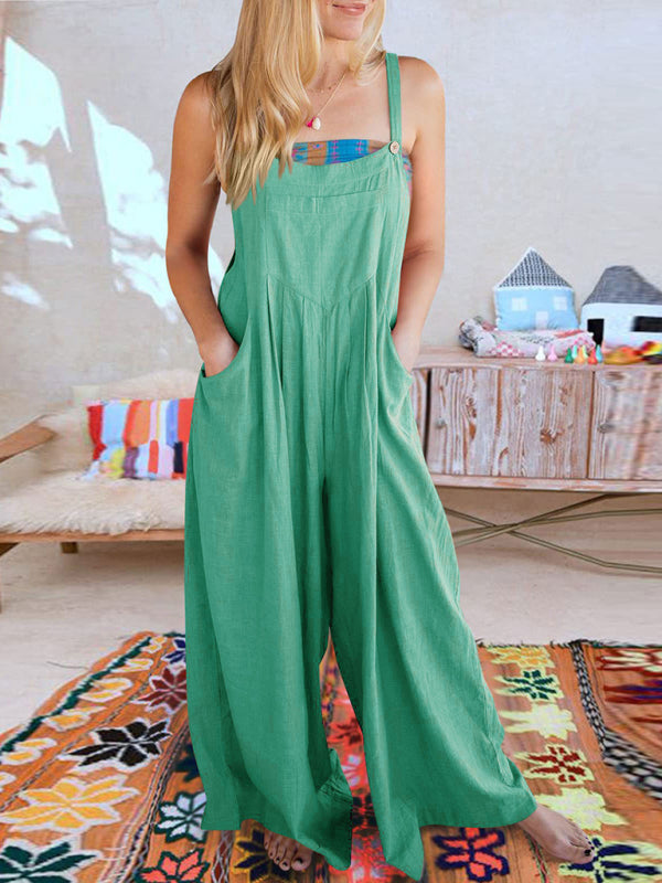 Women's Solid Color Wide Leg Linen Jumpsuit