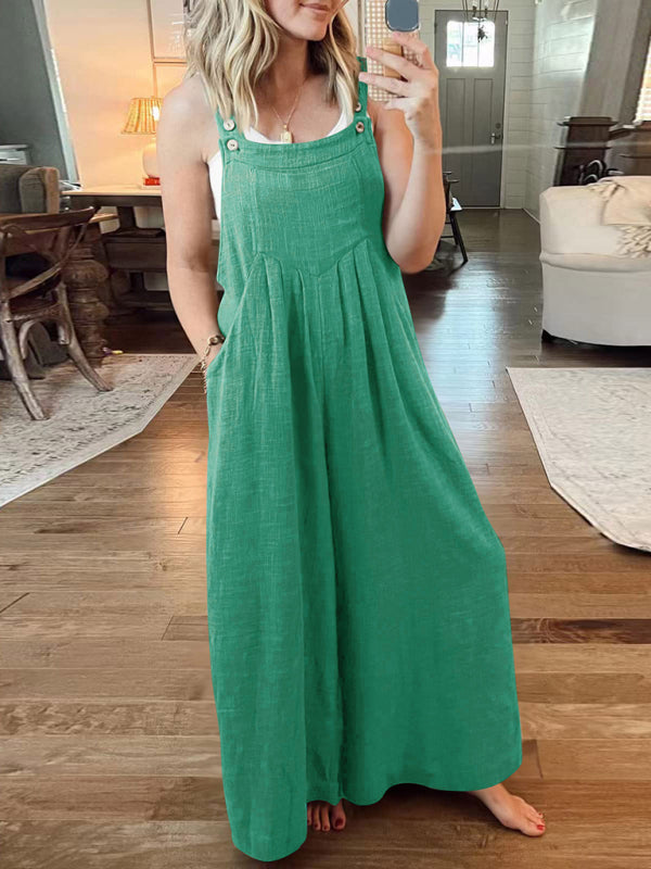 Women's Solid Color Wide Leg Linen Jumpsuit