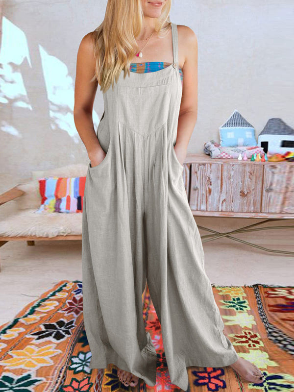 Women's Solid Color Wide Leg Linen Jumpsuit