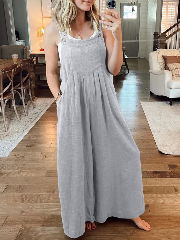 Women's Solid Color Wide Leg Linen Jumpsuit