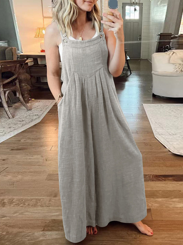 Women's Solid Color Wide Leg Linen Jumpsuit