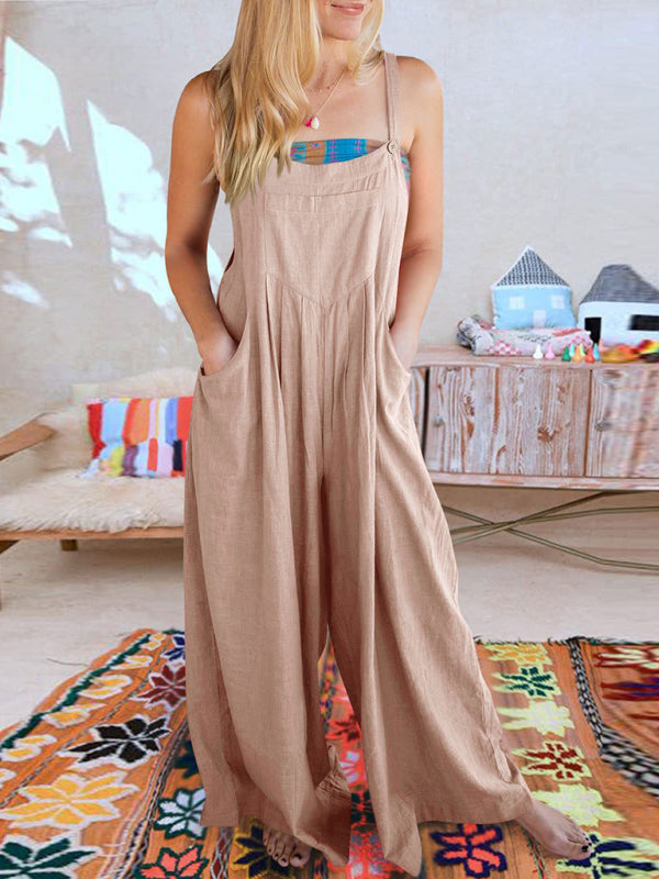 Women's Solid Color Wide Leg Linen Jumpsuit