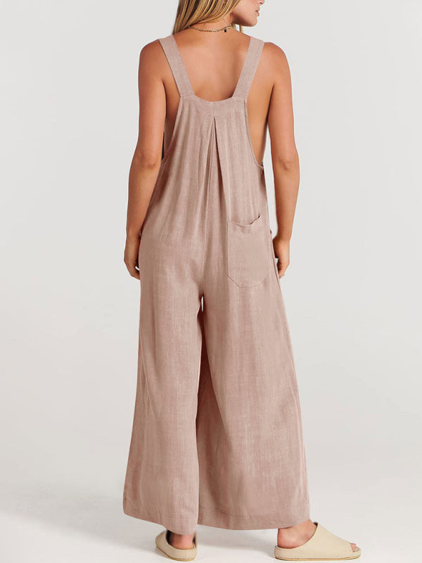 Women's Solid Color Wide Leg Linen Jumpsuit