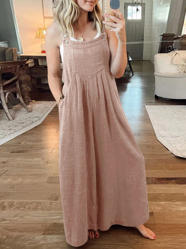 Women's Solid Color Wide Leg Linen Jumpsuit