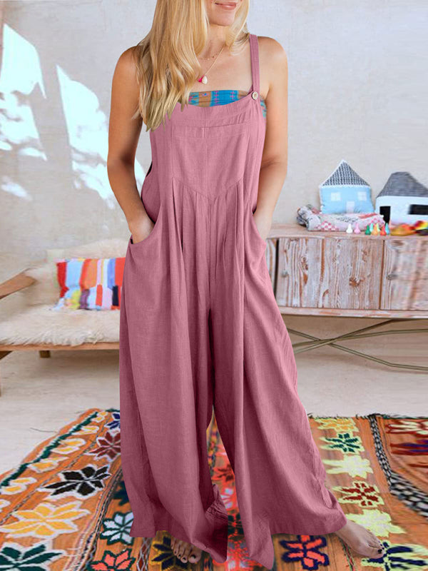 Women's Solid Color Wide Leg Linen Jumpsuit