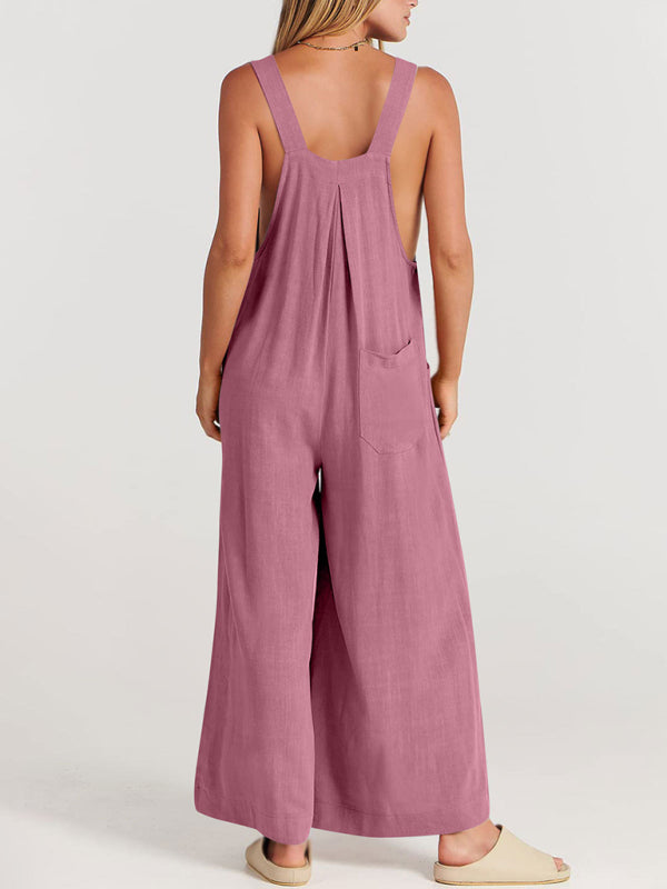 Women's Solid Color Wide Leg Linen Jumpsuit