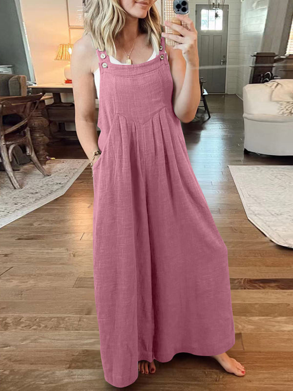 Women's Solid Color Wide Leg Linen Jumpsuit