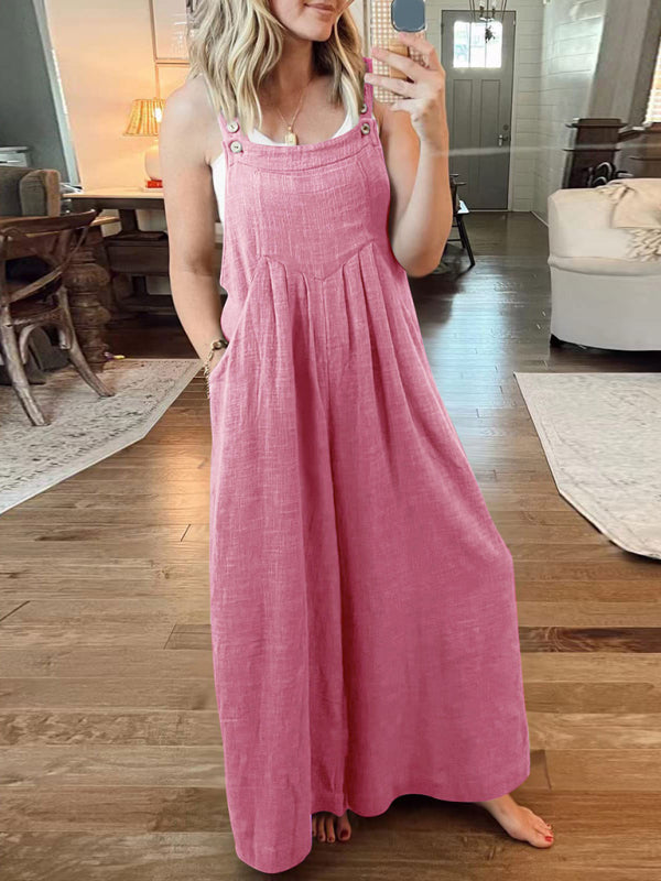 Women's Solid Color Wide Leg Linen Jumpsuit