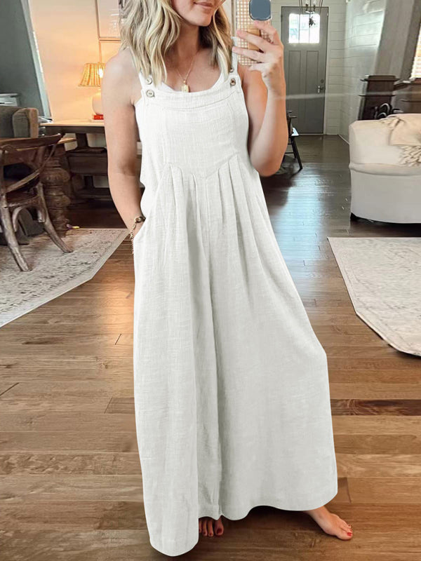 Women's Solid Color Wide Leg Linen Jumpsuit