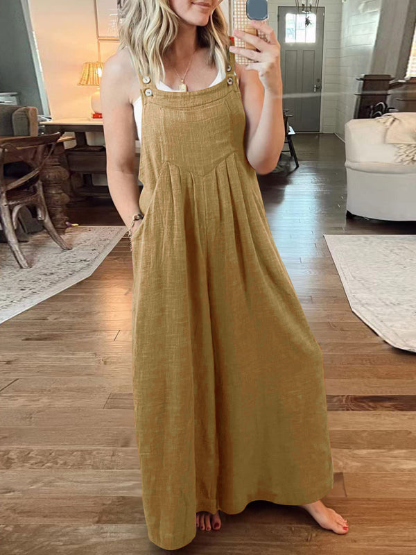 Women's Solid Color Wide Leg Linen Jumpsuit