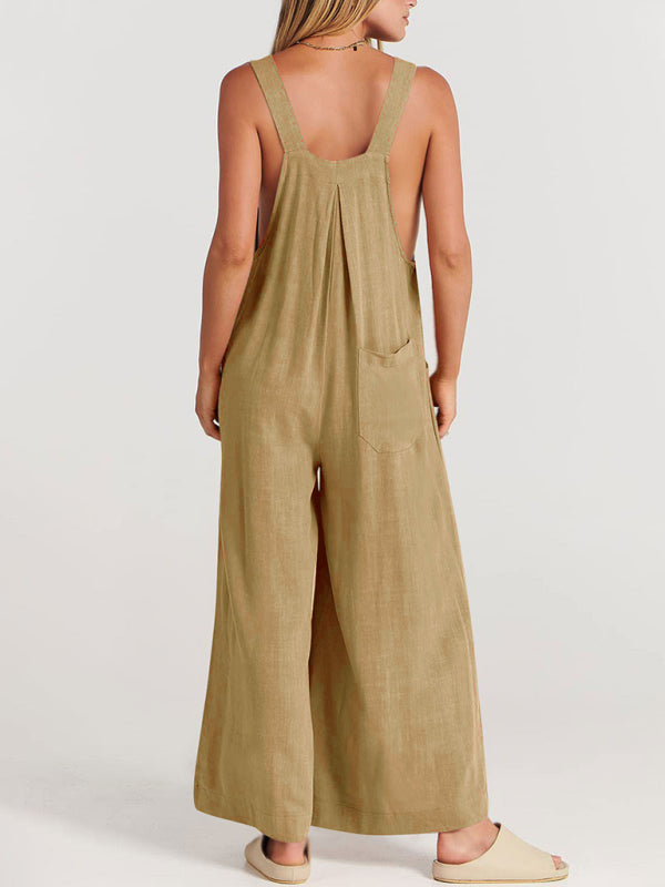 Women's Solid Color Wide Leg Linen Jumpsuit