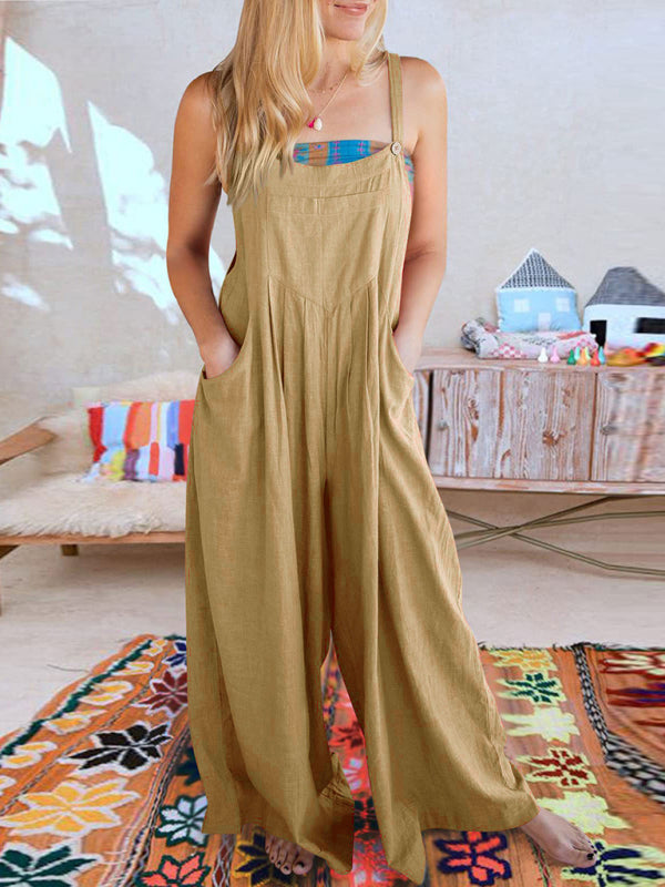 Women's Solid Color Wide Leg Linen Jumpsuit