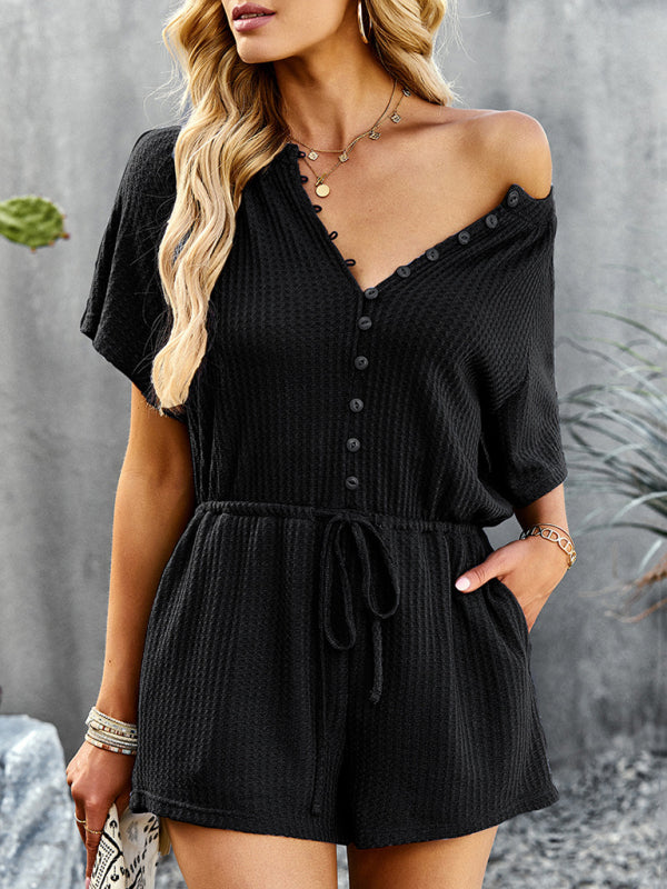 Women's Solid Color Rib Knit Waist Tie Romper