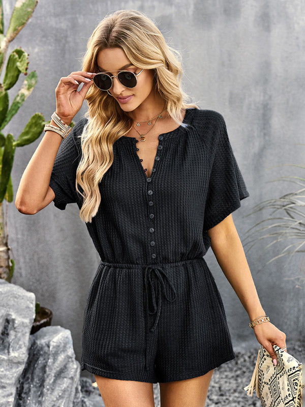 Women's Solid Color Rib Knit Waist Tie Romper