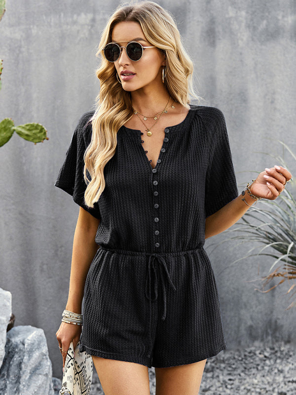 Women's Solid Color Rib Knit Waist Tie Romper
