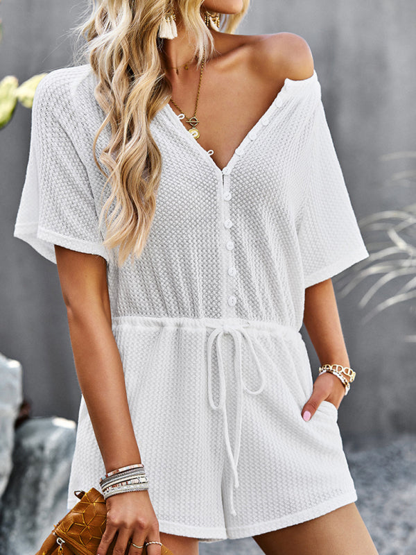 Women's Solid Color Rib Knit Waist Tie Romper