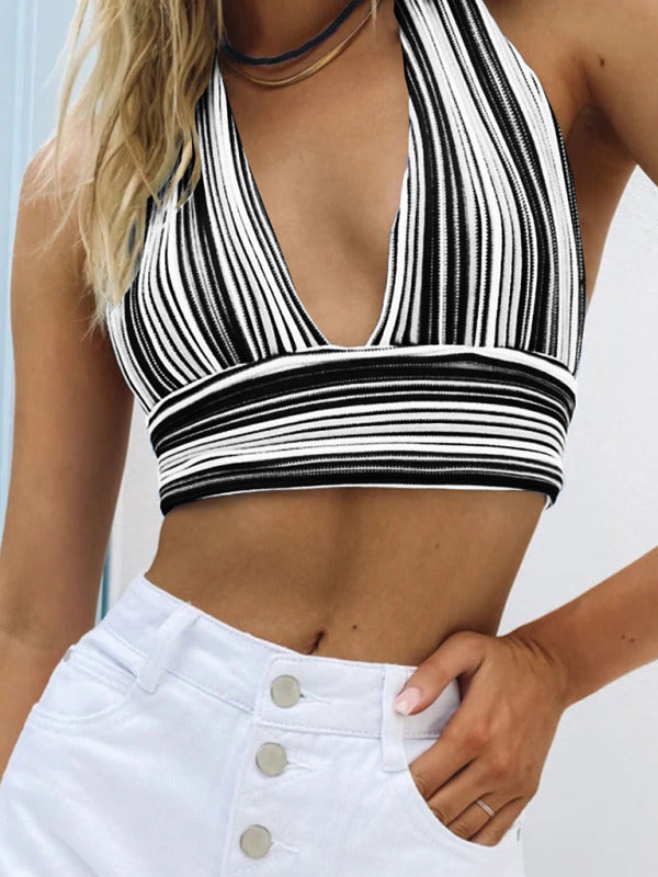 Women's Striped Print Halter Neck Open Back Crop Top