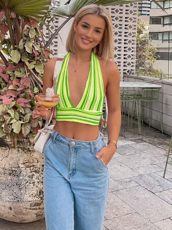 Women's Striped Print Halter Neck Open Back Crop Top