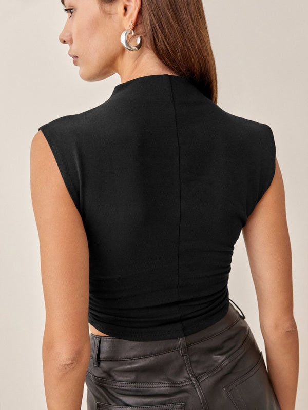 Half-high collar casual all-match vest short shirred polyester-cotton shirt
