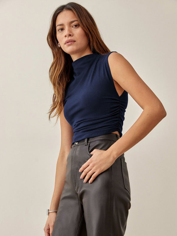 Half-high collar casual all-match vest short shirred polyester-cotton shirt