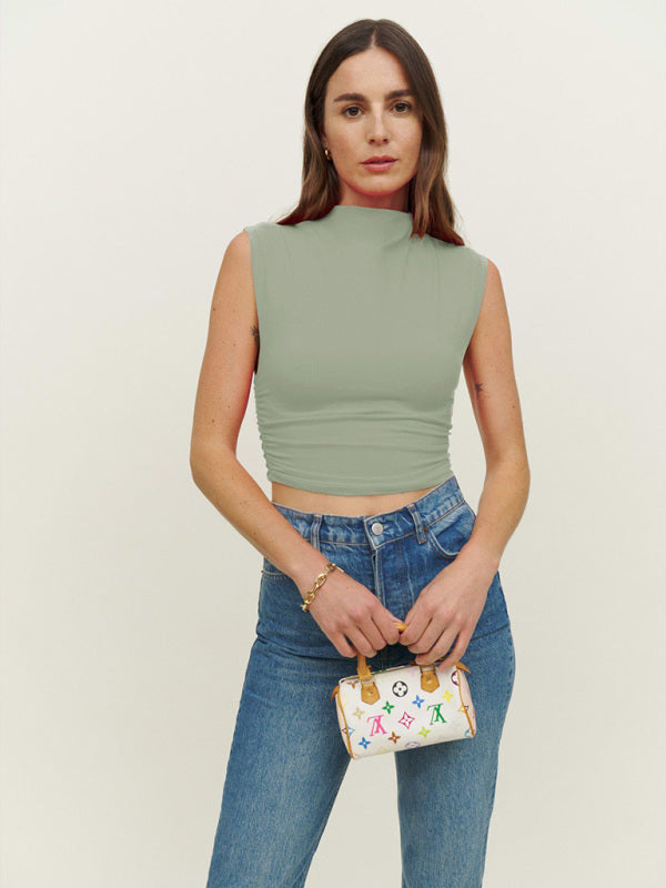 Half-high collar casual all-match vest short shirred polyester-cotton shirt