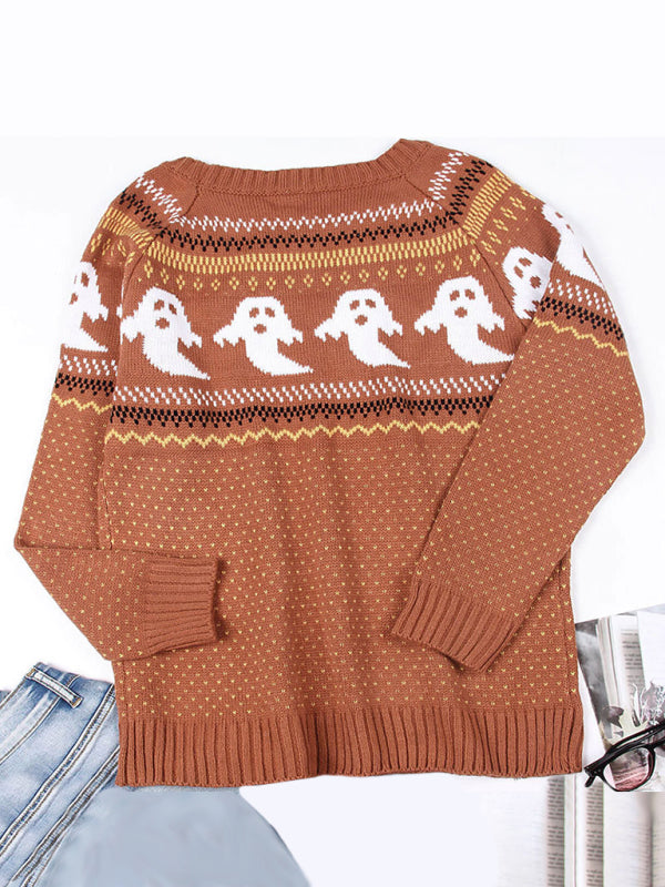 Pullover ghost skull retro sweater for women loose autumn and winter long-sleeved sweater